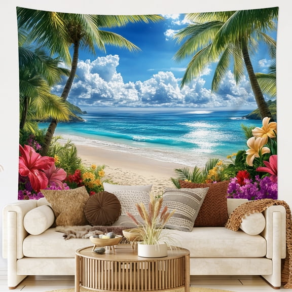 HVEST Beach Ocean Tapestry Wall Hanging Blue Sky Palm Tree Coastal Summer Wall Tapestry for Bedroom Tropical Floral Tapestry for Living Room College Dorm Home Decor,60x40 inch