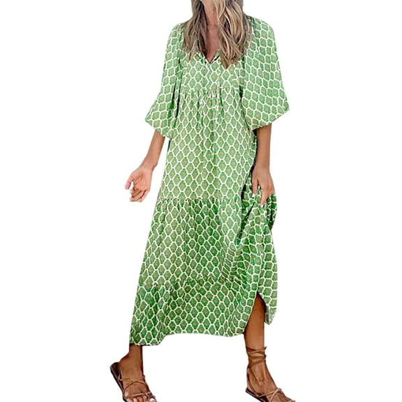 Summer Dress Saving! Women's Casual Three Quarter Sleeve Bohemian Floral V-Neck Puff Short Sleeve Beach Tiered Sundress Long Swing Dress Green L