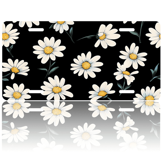 1 Pcs 2D Flat License Plate Covers & Frames, Daisies on Black For Decorative Front, Waterproof For Decoration Aluminum License Plate Covers & Frames Cover For Men Women, 12" X 6"
