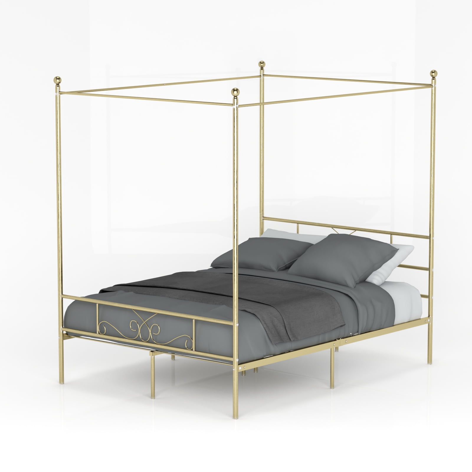 Metal Canopy Bed Frame w Headboard Platform Modern Bedroom Full/Queen/King Sizes 