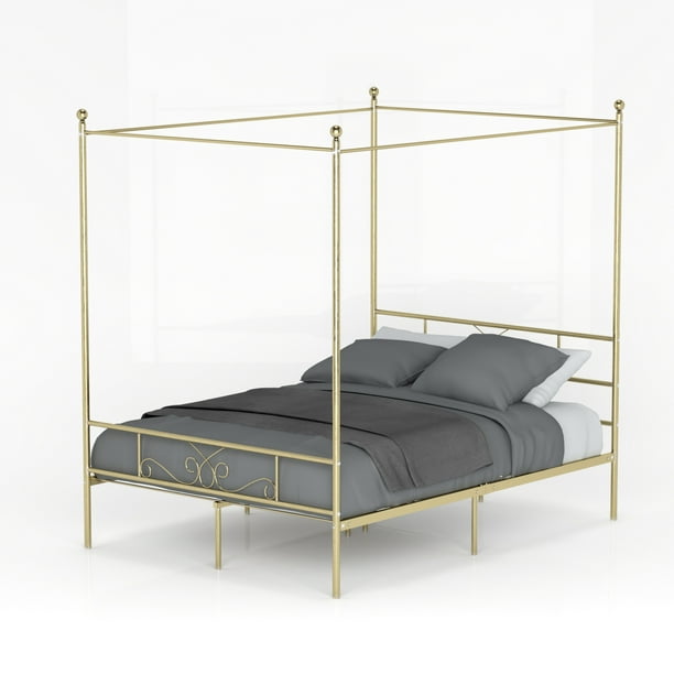 Metal Canopy Bed Frame Platform, Gold Queen Size Bed Frame