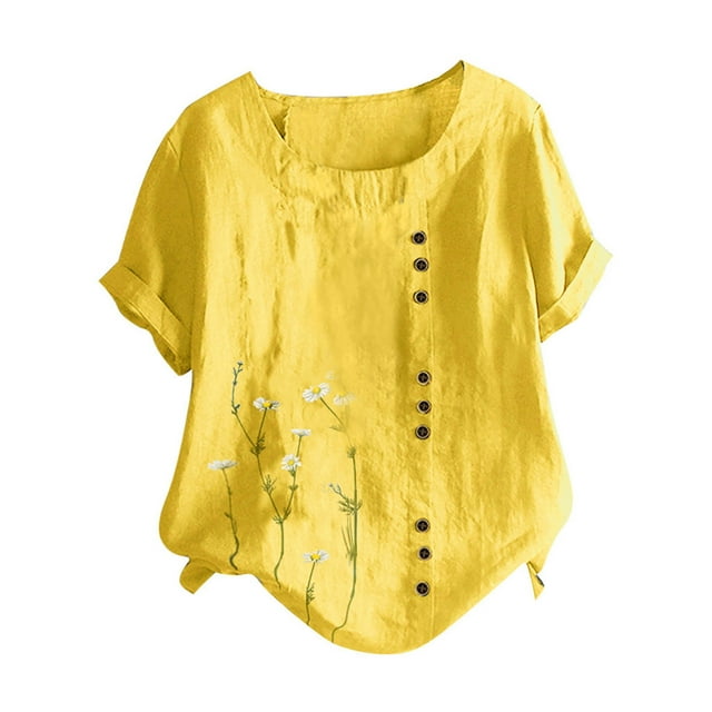 Pompotops T-Shirts Décontractés à Manches Courtes Col Rond Boutons Imprimé Floral Chemise Ample pour Femmes