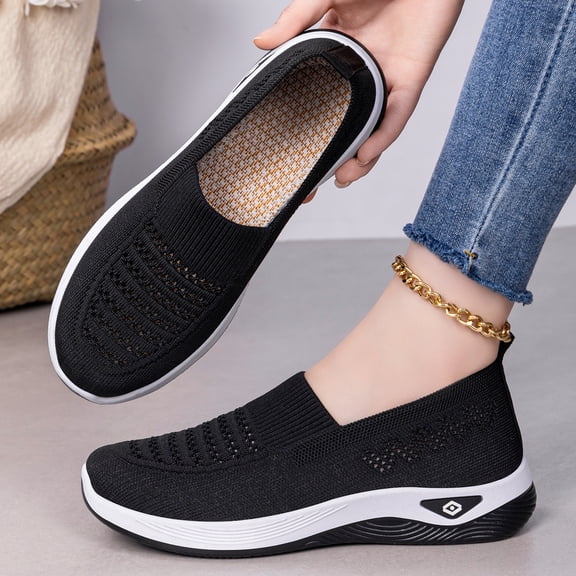 Hurxie Women's Woven Orthopedic Breathable Soft Shoes Arch Support, Foam Shoes Walking Anti-Skid Sports Shoes Black 7