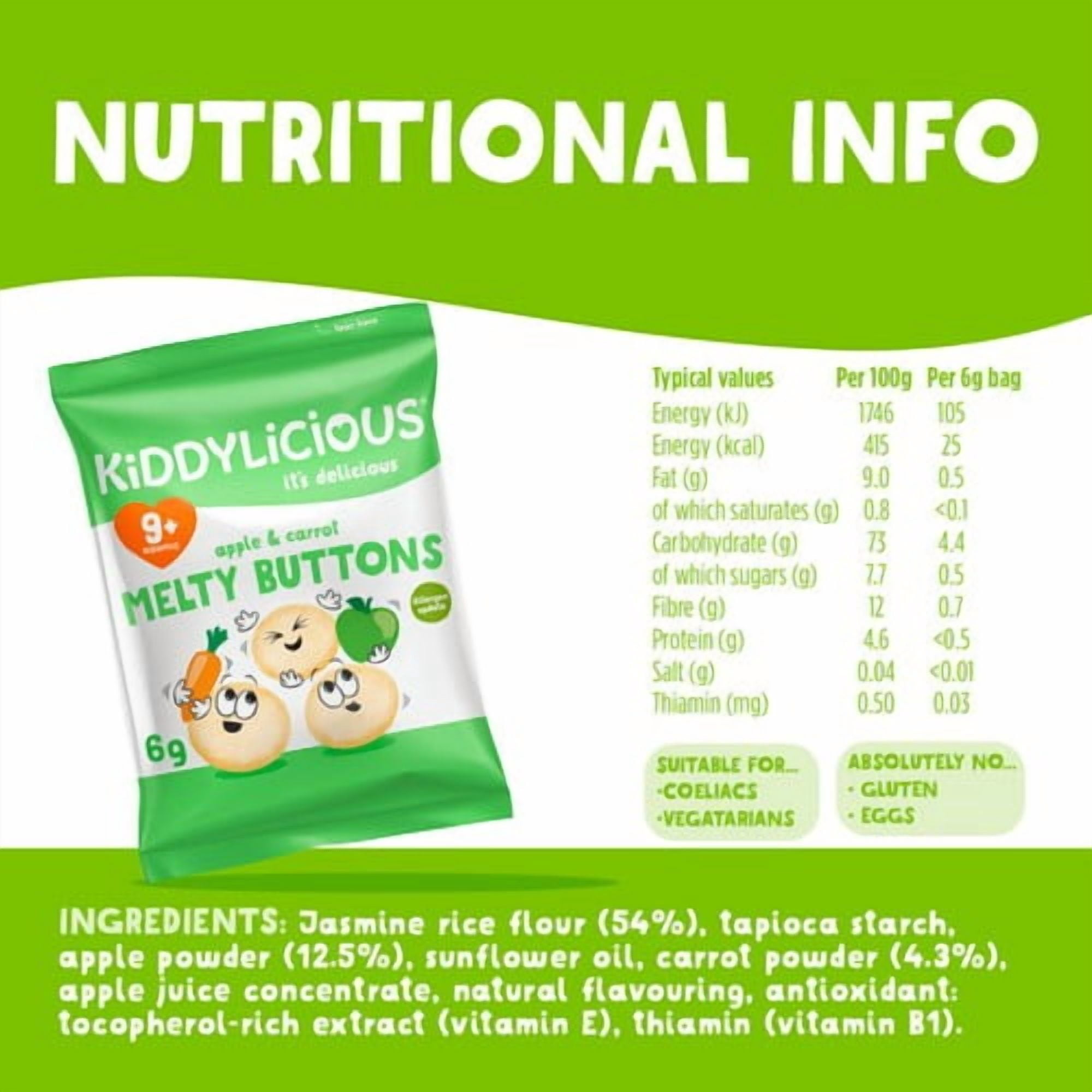 Kiddylicious Apple & Carrot Melty Buttons Baby Snacks Multi 5 x 6g, British Import (Pack of 2)