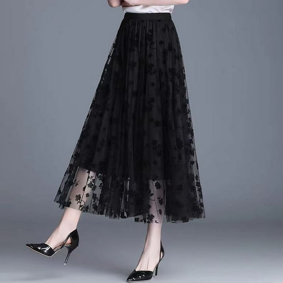Korean Women Tulle Skirt Fashion Summer Hook Floral Loose Midi Skirt Elegant Female Casual All Match Mesh Skirts New