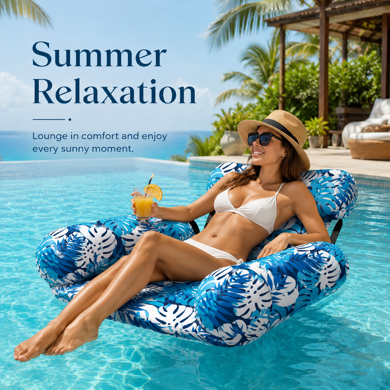 Inflatable Pool Float Chair for Adults, Tropical Leaf Floating Lounger with Headrest, Back Support and Wide Armrests for Pool & Lake