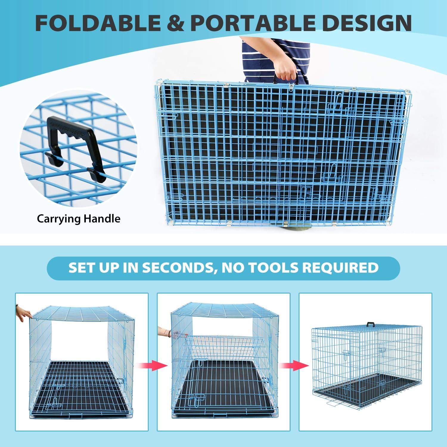 XF XINFENG 36 inch Dog Cage for Medium Breeds Folding Metal Wire Dog Crate with Double Door,Leakproof Tray for Indoor Outdoor ,Blue