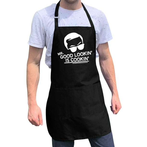 ApronMen, Funny Aprons For Men - Mr. Good Looking is cooking - 100% Cotton  with Pockets - Black 