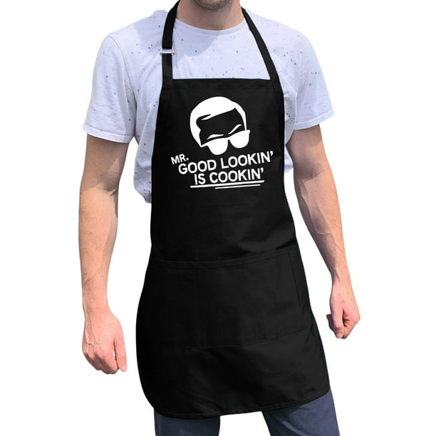 ApronMen, Funny Aprons For Men - Mr. Good Looking is cooking - 100% Cotton with Pockets - Black ApronMen, Funny Aprons For Men - Mr. Good Looking is cooking - 100% Cotton with Pockets - Black
