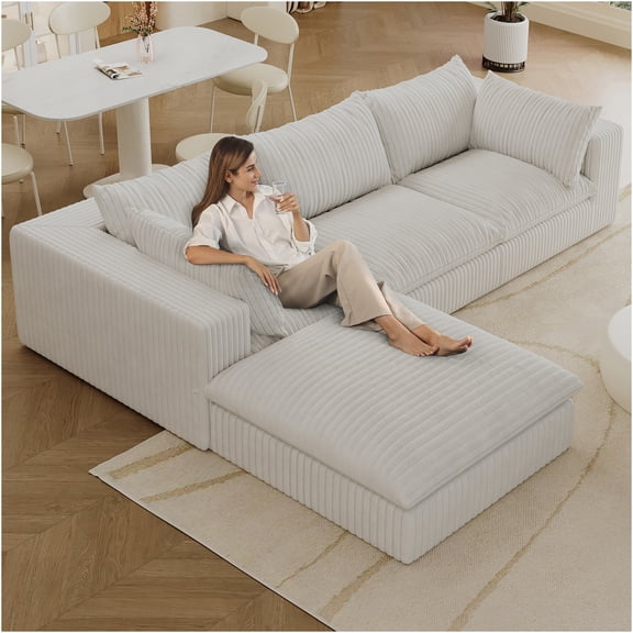 JERFIT 118.2 Inch Modular Cloud Sofa Couch, Ultra Soft Corduroy Fabric, Feather Filled Cushions, Deep Seating, No Assembly Required, for Living Room, Apartment, White
