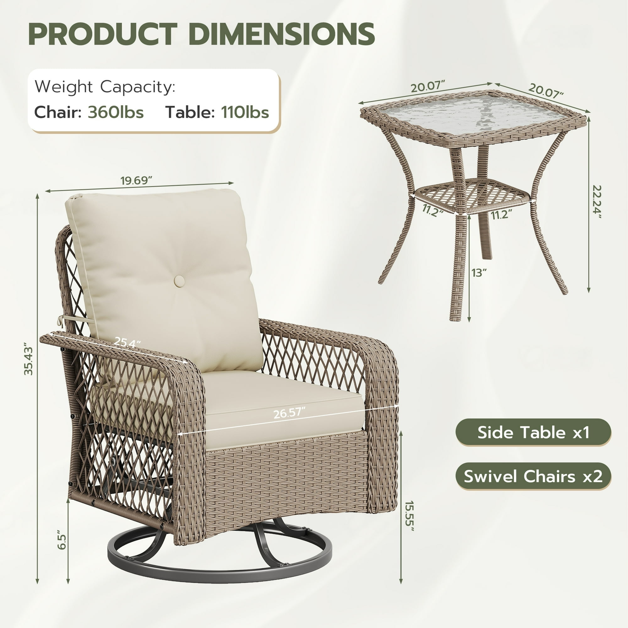 POTEBAN 3 Pieces Patio Furniture Set, Outdoor Swivel Gliders Rocker, Glass Top Side Table (Khaki)