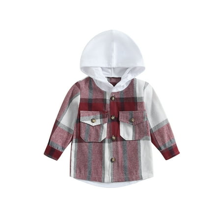 

Sunisery Toddler Baby Boy Flannel Plaid Shirts Hooded Long Sleeve Button Down Pockets Hoodie Sweatshirt Jackets for Kids Boys