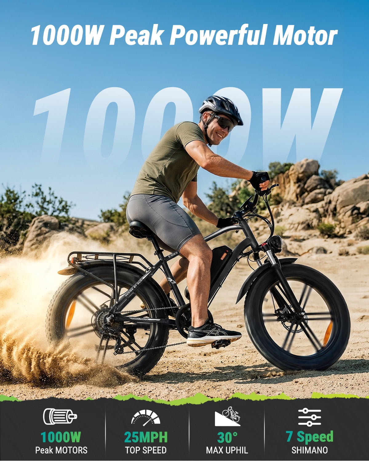 OUXI Electric Bike for Adults, Peak 1000W Electric Bicycle, 48V/13Ah Battery, Up to 25MPH, 20'' Fat Tire Ebike, 38 Miles Range Mountain Bike for Cycling, 7 Speed E Bike, E-bike UL2849