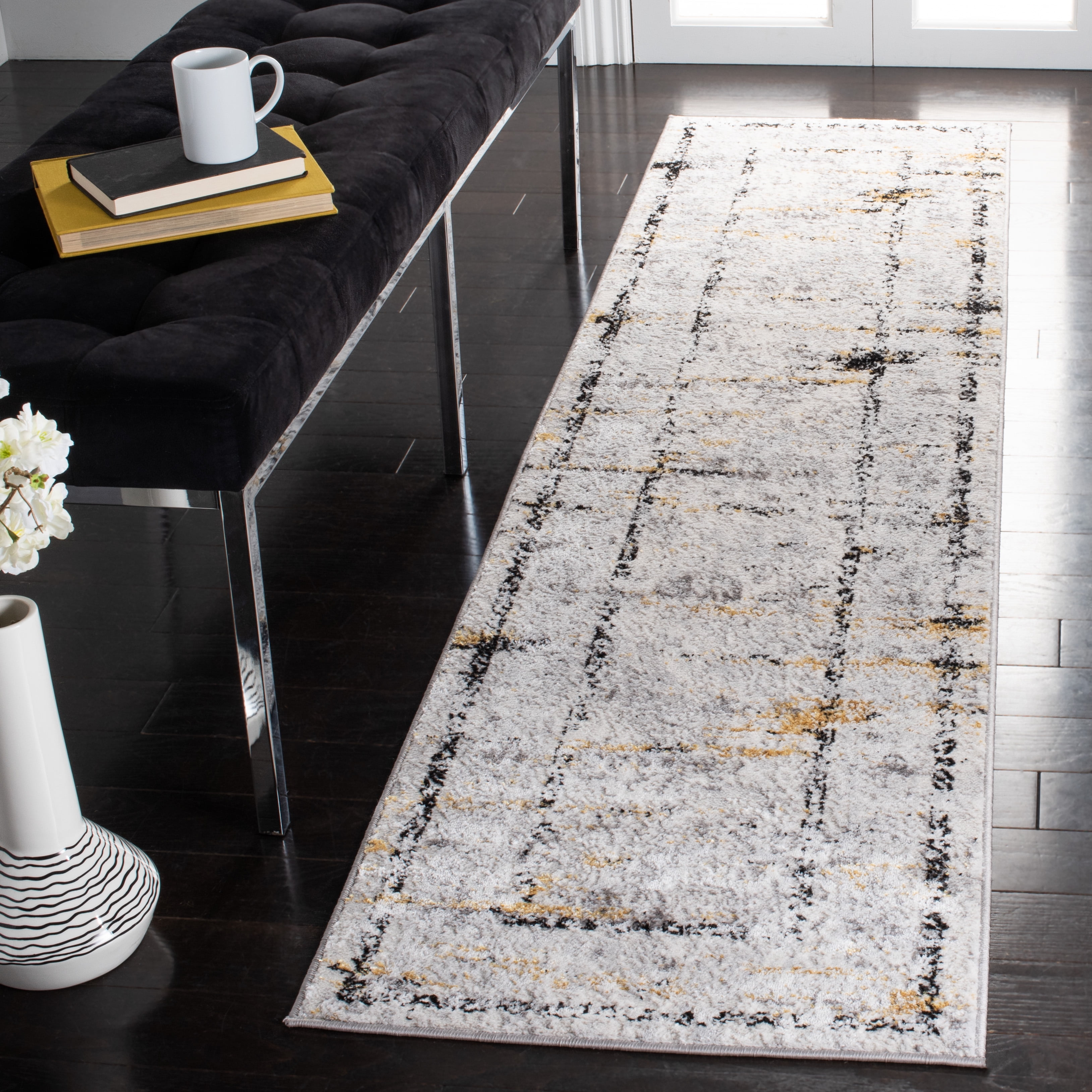 2' x 8' SAFAVIEH Amelia Collection ALA211G Modern Abstract Non-Shedding Living Room Entryway Foyer Hallway Bedroom Runner Gold Grey 