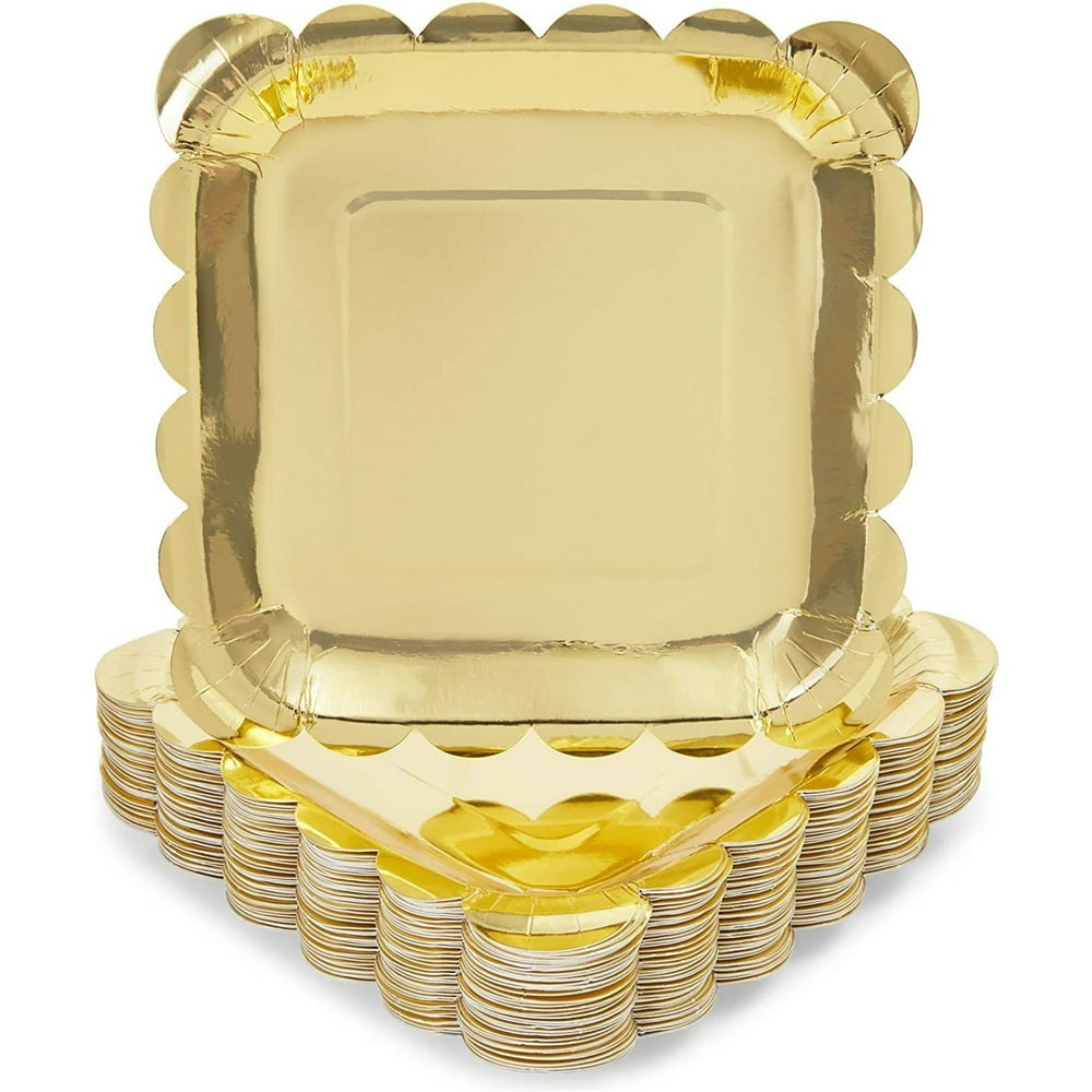 48-Pack Metallic Gold Foil Square Disposable Paper Dessert Plates with Scalloped Edge for ...