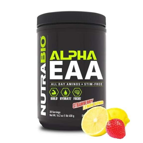 NutraBio Alpha EAA - All-Day Amino Acids for Muscle Growth - Essential Amino Acids - Full Spectrum EAA BCAA Powder- Amino Acid Supplement - 30 Servings - Strawberry Lemon