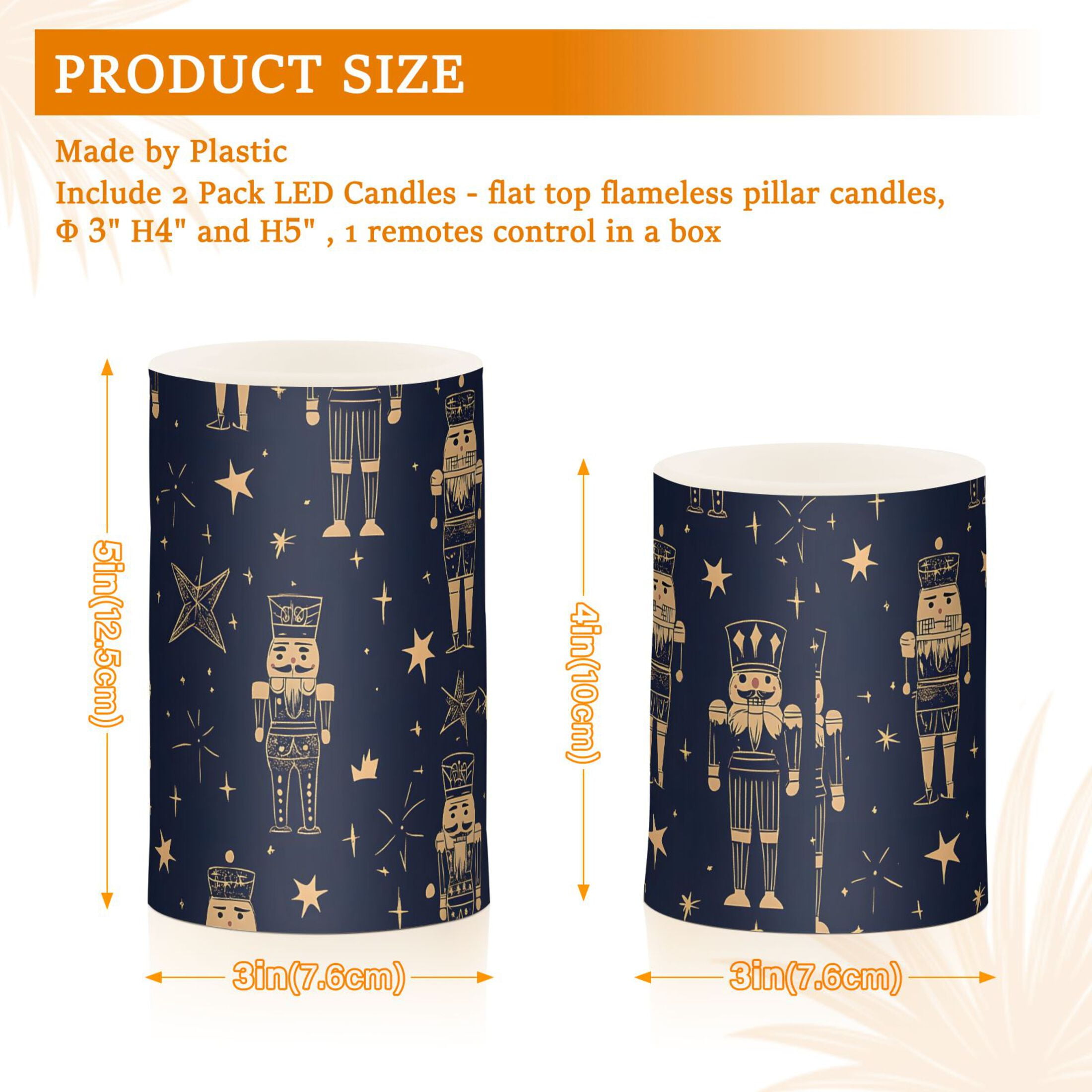 Gold Nutcracker Dark Blue Background Pattern Flickering Flameless Candles Battery Operated with Remote Timer LED Pillar Candles Set of 2