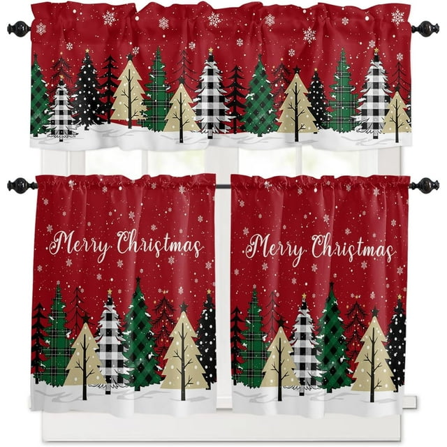 Ensemble de Rideaux et Cantonnières de Cuisine Joyeux Noël Rouges, Traitements de Fenêtre Sapin de Noël Verts Cantonnières Demi/courtes pour Petites Fenêtres Café /salon/ Chambre 54x24 Po Blanc Neige Forêt Hiver