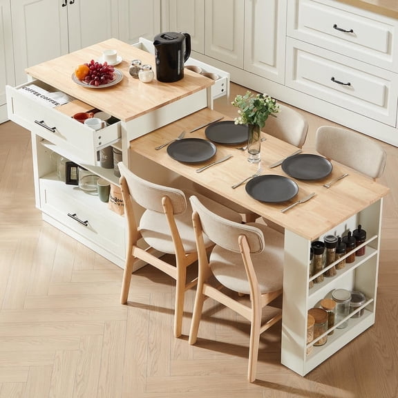 ROGALIS 76" Kitchen Islands w/Extendable Dining Table, 2-6 Island Table for Kitchen w/Double-Side Storage