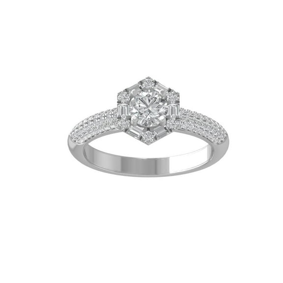 ARAIYA FINE JEWELRY 10K White Gold Round and baguette-shape Diamond Halo Engagement Ring (1 cttw, I-J Color, I1 Clarity) Size 5