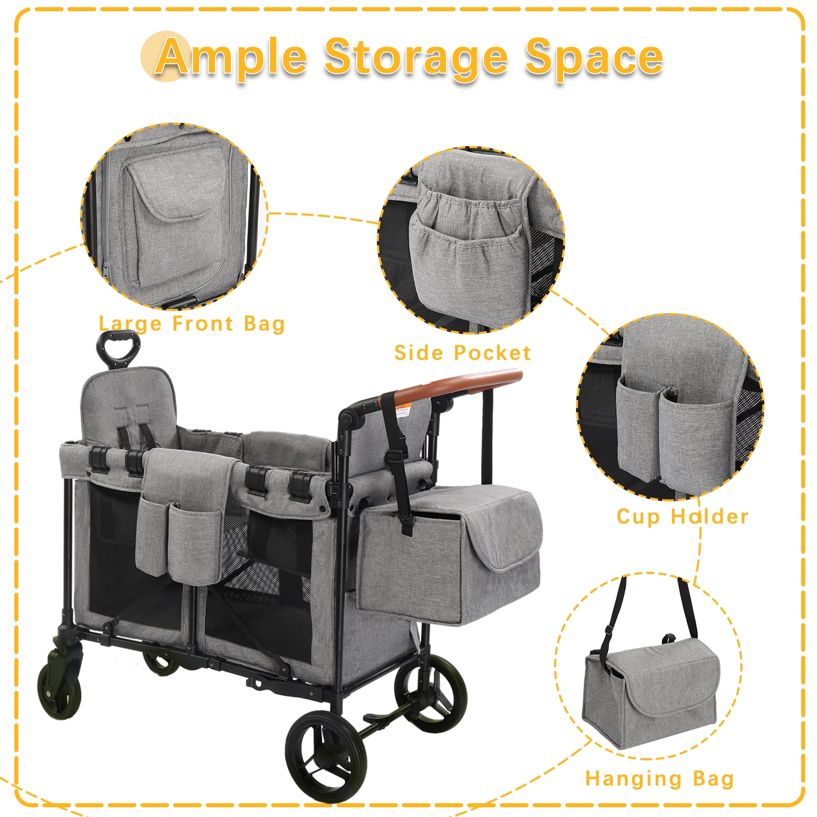 Foldable Stroller Wagon for 2 Kids, Adjustable & Removable Canopy, Oversized Storage Basket, Convertible High Seat & Organizer, Wagon Cart with Double Adjustable Push Bars, for Beach, Camping