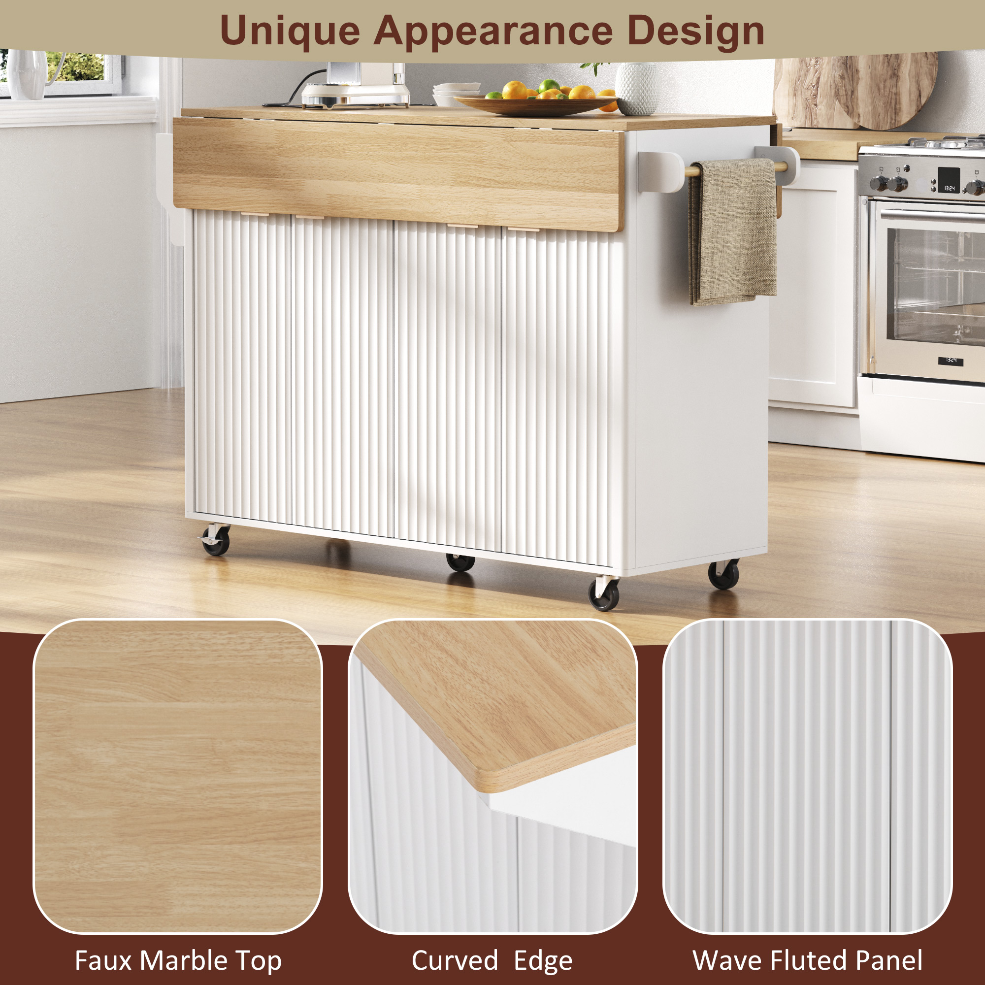 Euroco 55.5" Fluted Kitchen Island with 2 Drop Leaf, Kitchen Storage Cart with Power Outlet, 4 Doors, Spice rack, Rolling Island Table with Wood-grain Top, Curved Edge