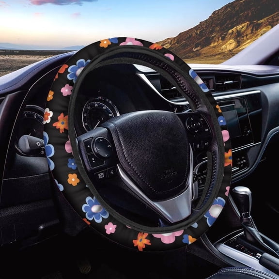 FOR U DESIGNS Hippie Flower Steering Wheel Cover, Fashion Auto Steering Wheel Accessories Fit SUV Sedan Van Trucks, Breathable and Sweat Absorption