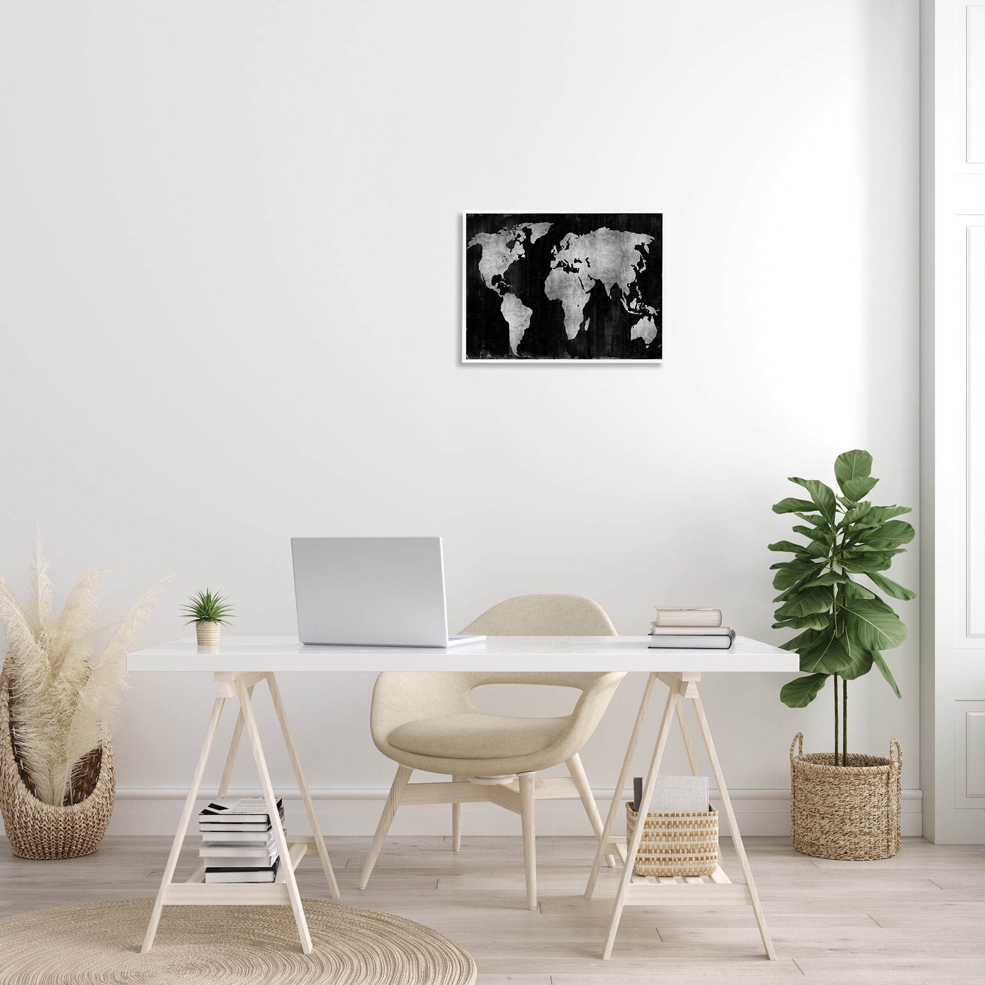 Stupell Weathered Black World Map Travel & Places Painting White Framed Art Print Wall Art