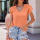 thumbnail image 3 of Top de manga corta con volantes en capas para mujer, blusa holgada informal de Color puro con cuello en V y hombros fruncidos, 3 of 6