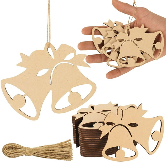 Inkdotpot 40pcs Bell Wooden Ornament with Holes 3.5" Unfinished Predrilled Natural Wood Slices for Crafts Wooden DIY Christmas Ornaments Hanging Ropes Included