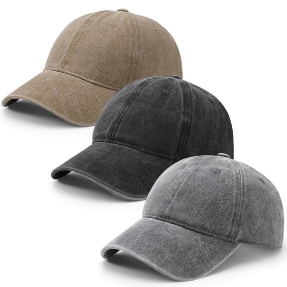Bocaoying 3 Pcs Washed Cotton Baseball Caps for Men Women, Breathable Retro Adjustable Dad Hats with Crown, Curved Brim Ball Caps for Running, Outdoor, Daily Casual Wear, Black/Grey/Khaki