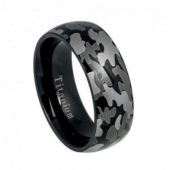 8mm Titanium High Polish Domed Military Army Gray Camouflage Design Wedding Band Ring For Men Or Ladies