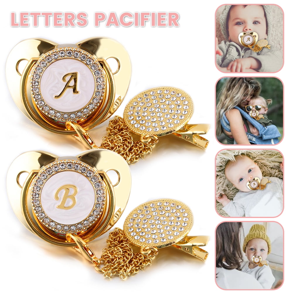 Initial Letter Baby Gold Pacifier, Gold Bling Baby Nipple Pacifier with Clips Newborn Dummy Pacifier