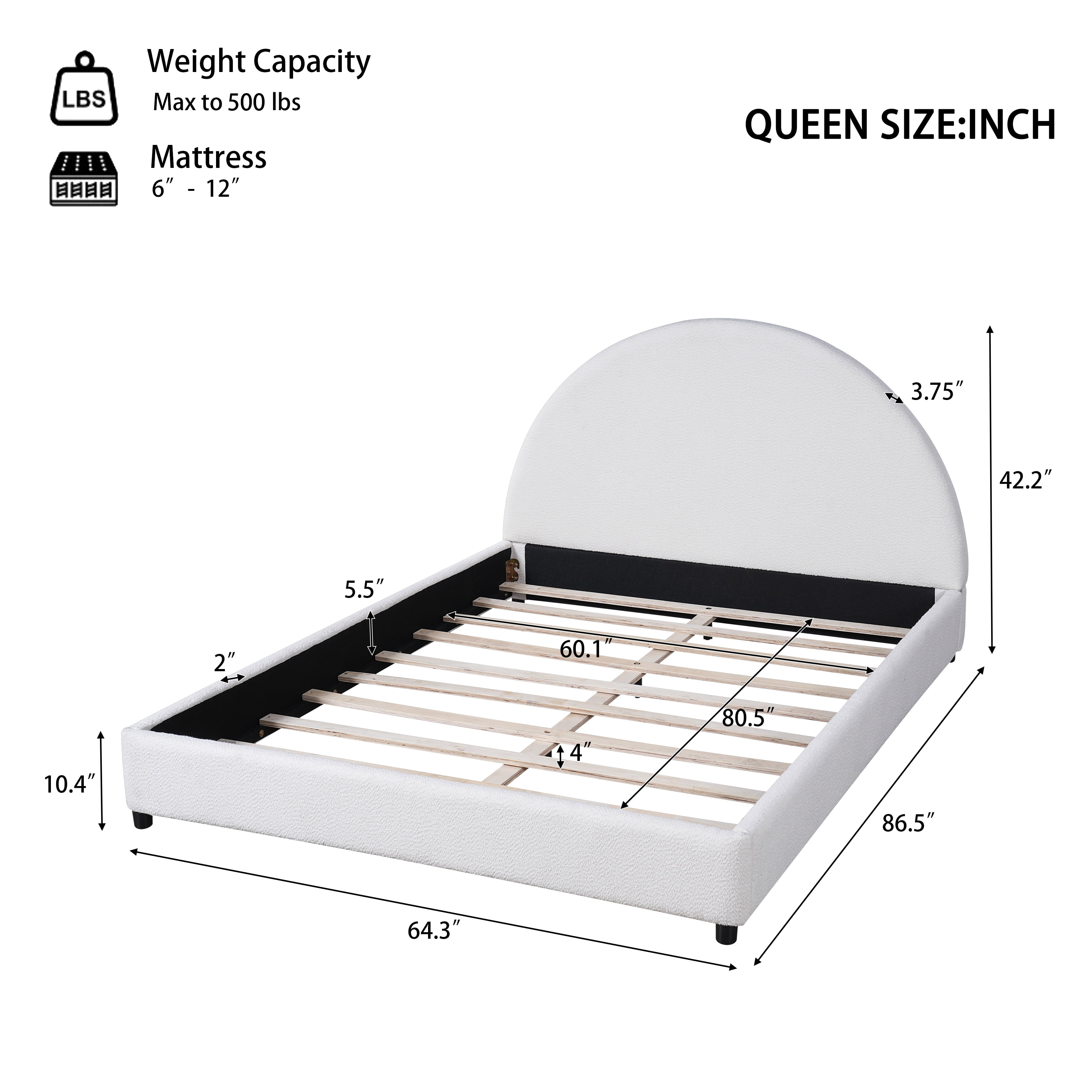 Queen Size Bed Frame with Boucle Upholstered Round Curved Headboard, Platform Bed with Wood Slats for Bedroom, White
