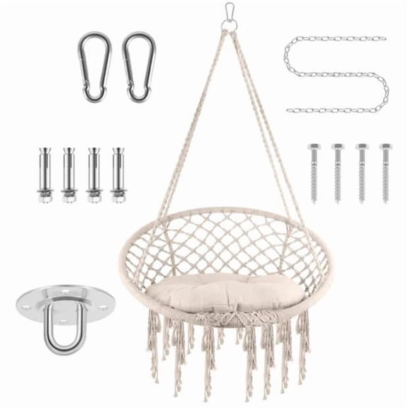 Tanfengu Hanging Swing Chair with 330lbs Load Capacity, 31.5in Beige Macrame Hammock Chair, Hand-Woven Cotton Boho Chair for Patio, Bedroom