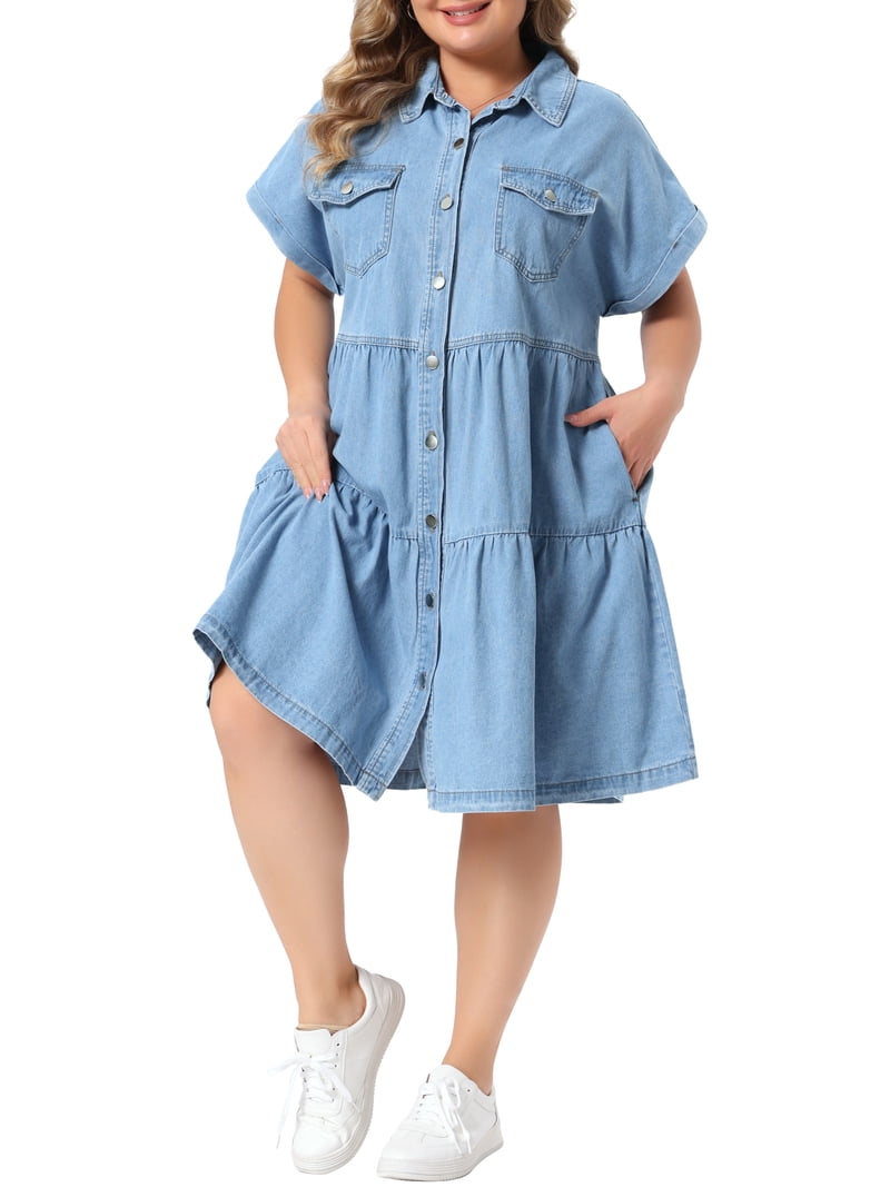 Agnes Orinda Women's Plus Size Denim Babydoll Dress Short Sleeve Button Down Tiered Hem Casual A-line Jean Dresses with Pockets 1X Light Blue, Size