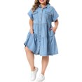 thumbnail image 4 of Agnes Orinda Women's Plus Size Denim Babydoll Dress Short Sleeve Button Down Tiered Hem Casual A-line Jean Dresses with Pockets 1X Light Blue, 4 of 6