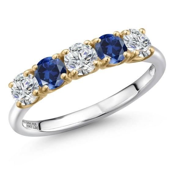 Gem Stone King 925 Silver and 10K Yellow Gold Lab Grown Diamond and Blue Created Sapphire Wedding-Bands Ring for Women | 1.31 Cttw | Round 4MM | Gemstone April Birthstone | Size 6