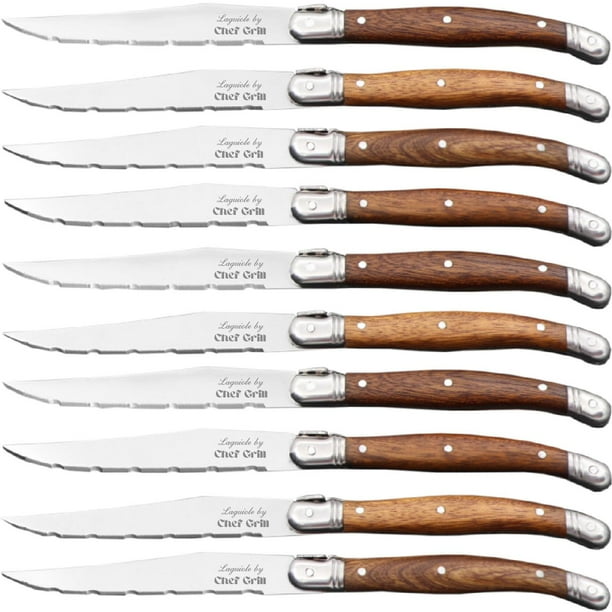 Cuchillo de Mango de Madera LaguioleWoodLight 10pzas 23 cm Madera Café Claro Acero Inoxidable Cuchillo para carne.