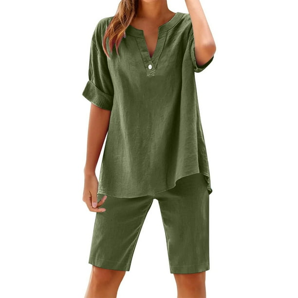Camisetas de Algodón de Manga Larga para Mujer, Algodón de Verano Y Lino, Manga Corta con Cuello en V Y Pantalones Cortos