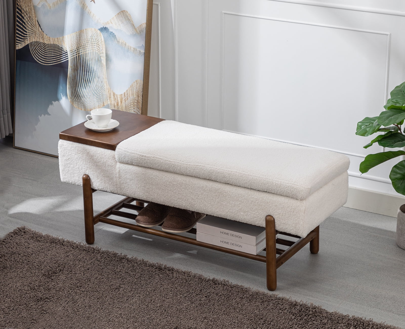 Guyou Storage Bench Sherpa End of Bed Ottoman Bench with Wooden Shoe