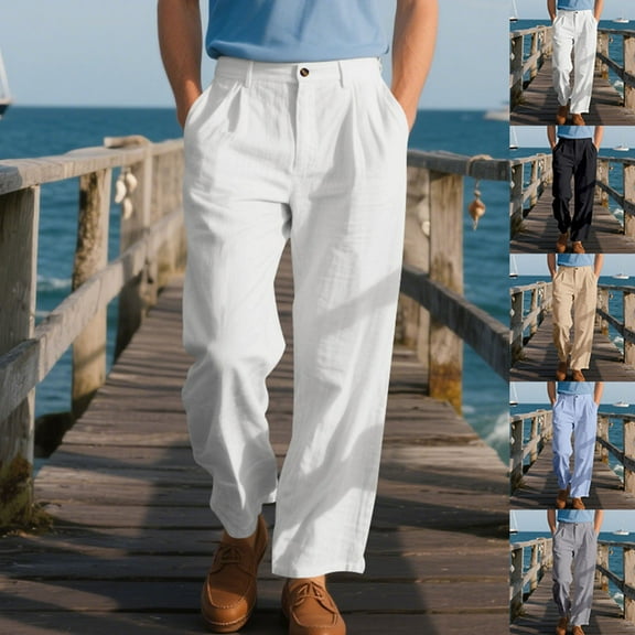 RYDCOT Mens Casual Pants Elastic Waist Lightweight Straight-Legs Loose Fit Summer Thin Trousers White