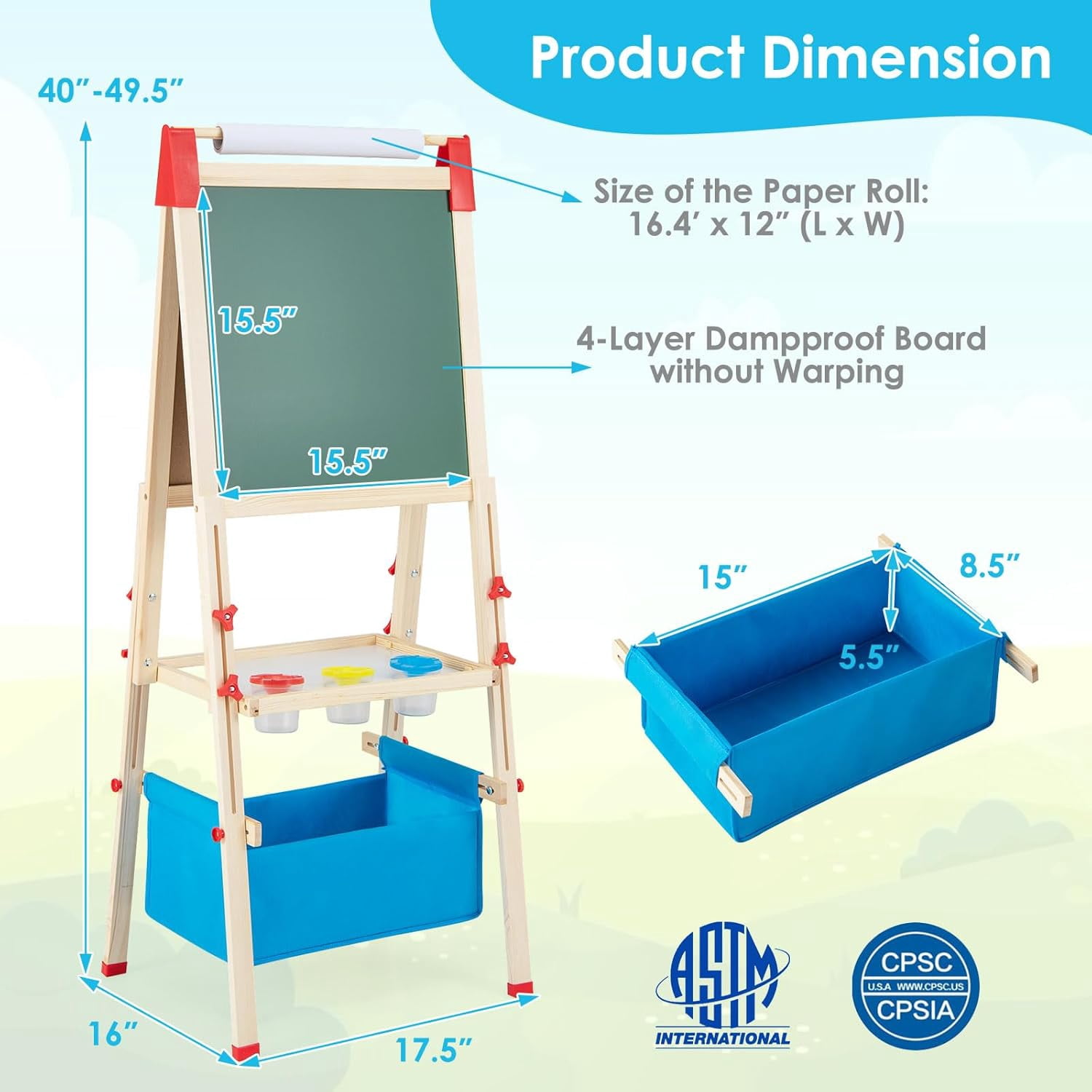 Easel for Kids, All in 1 Double Sided Wooden Art Easel w/Magnetic Chalkboard, Whiteboard, Paper Roll, Storage Tray & Bag, Letters & Numbers Magnets, Height Adjustable Toddler Easel