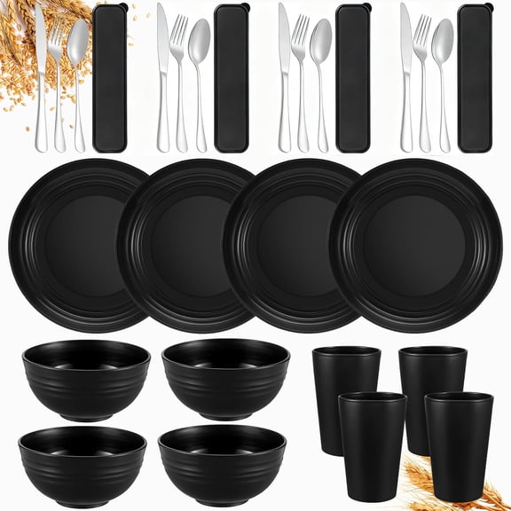 28pcs Wheat Straw Dinnerware Set with Stainless Steel Cutlery, Unbreakable Dinnerware Sets for 4, Microwave & Dishwasher Safe, Ideal for Indoor, Camping & Picnics