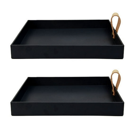 2X Square PU Leather Serving Tray Decorative Dish Cosmetics Sundries Desktop Storage Plate with Handle(Black)