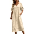 thumbnail image 3 of Vivianyo HD Women's V-Neck Fringe Trim Maxi Dress, Short Ruffle Fringe Sleeve Solid Linen Blend Loose Casual Summer Dresses for Women Vacation, Women's Beige, Sizes S-2XL, 3 of 7