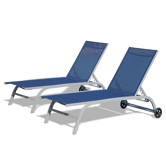 JERFIT 2-Pack Adjustable Outdoor Chaise Lounge Chairs with Wheels, Textilene Fabric & Aluminum Frame, 5-Position Reclining Patio Pool Sun Lounger for Deck, Beach, Yard (Blue)