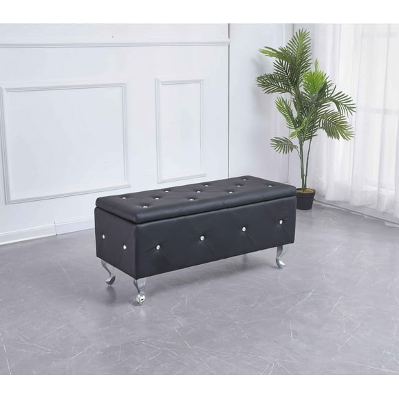 Black Tufted Hard WoodStorage Bench