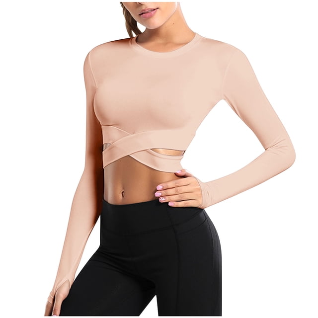 Chandails pour Femmes Hauts Courts d'Entraînement pour Femmes Manches Longues Col Ras du Cou T-Shirts Hauts Extensibles Ajustés Yoga Gym T-Shirts T-Shirt Rayé S-61 Rose-A m