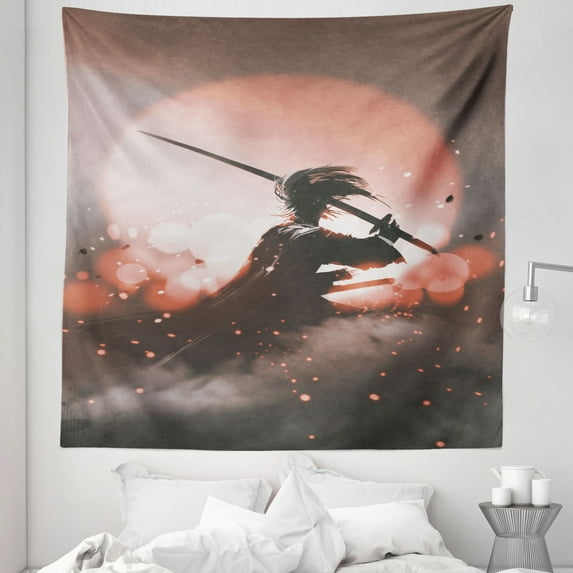 Japanese Tapestry, Reflection of Samurai Practicing Sunset Background Free from Death Concept, Fabric Wall Hanging Decor for Bedroom Living Room Dorm, 5 Sizes, Salmon Umber, by Ambesonne